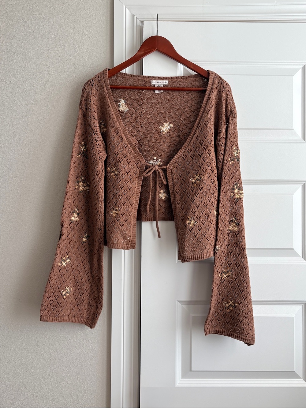 Sincerely Jules Brown Floral Pointelle Tie Front Cardigan XL